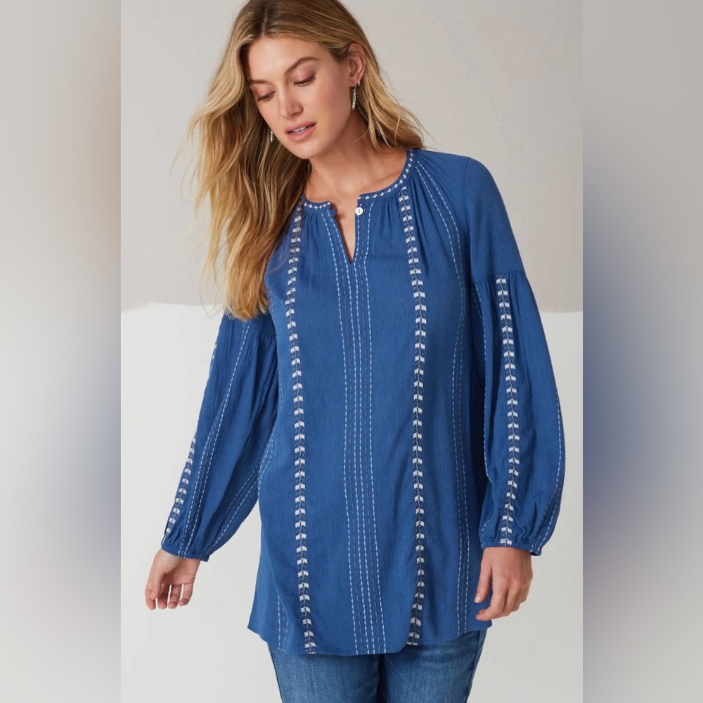 J. Jill long sleeve blue embroidered peasant tunic blouse medium petite